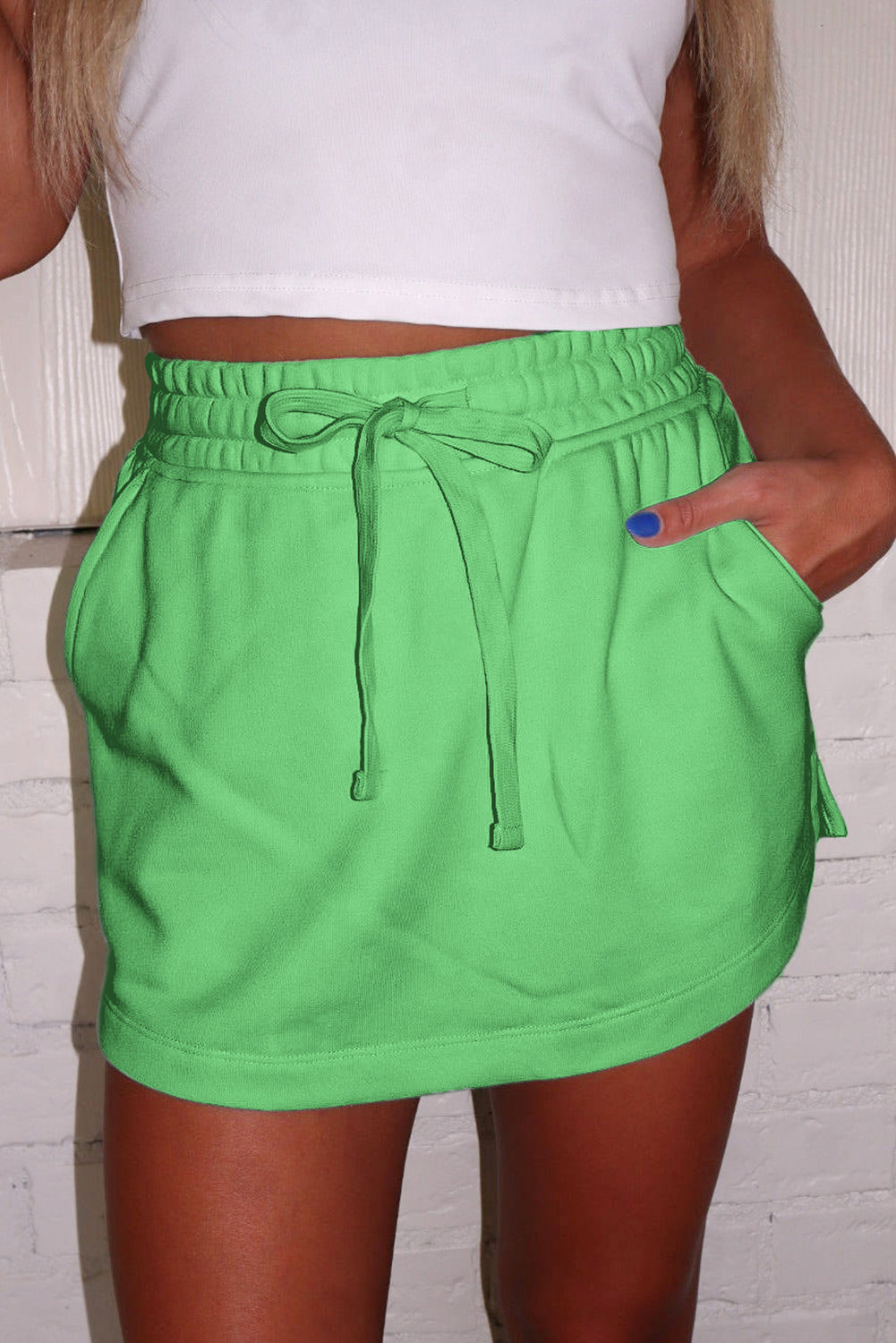 Light Grey French Terry Drawstring Elastic Waistband Mini Skort with Pockets