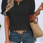 Black Solid Color Textured Notched Neck Puff Sleeve Blouse