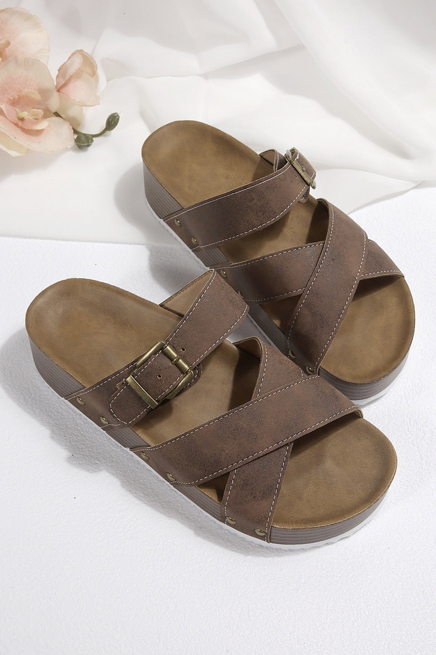Brown Faux Suede PU Leather Strappy Cutout Retro Slippers
