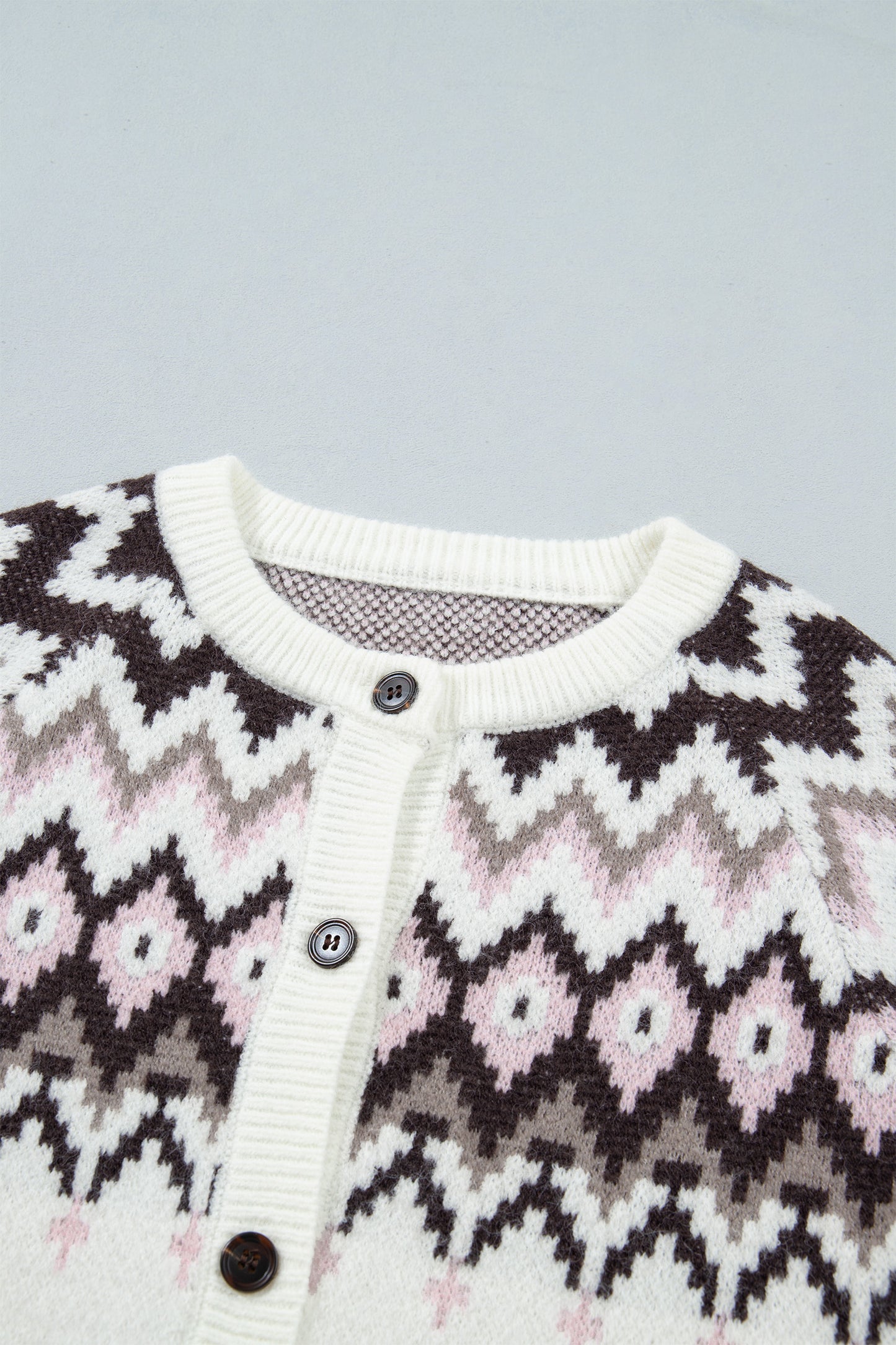 White Geometric Pattern Brushed Knit Button Cardigan