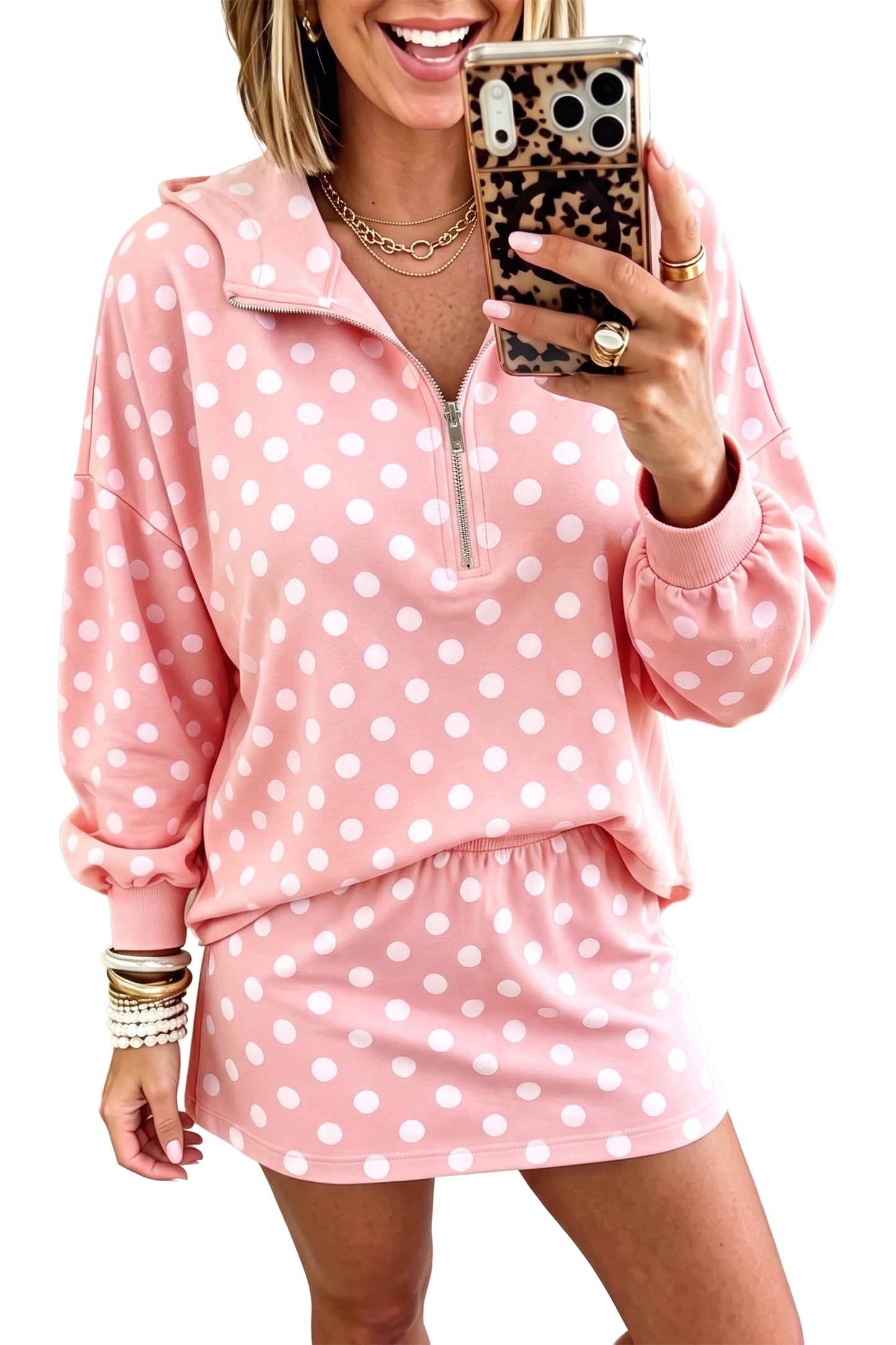 Pink Polka Dot Hooded Long Sleeve Top Casual Mini Skort Set