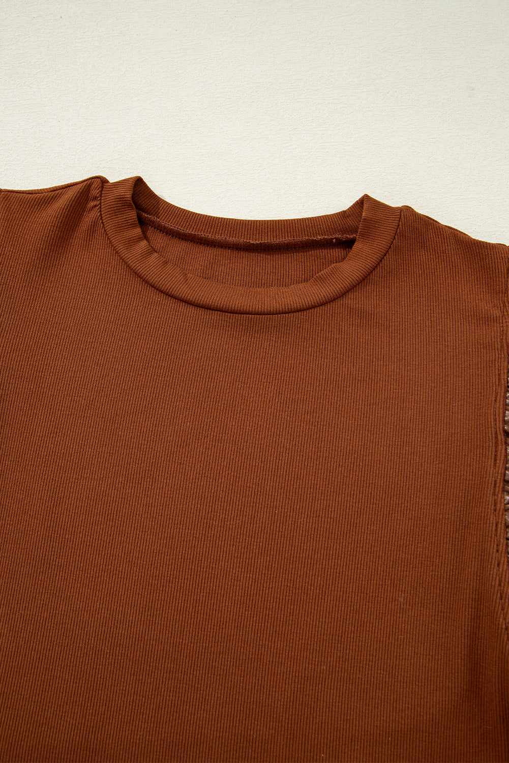 Cinnamon Leather Ruffle Sleeve Patchwork Round Neck Blouse