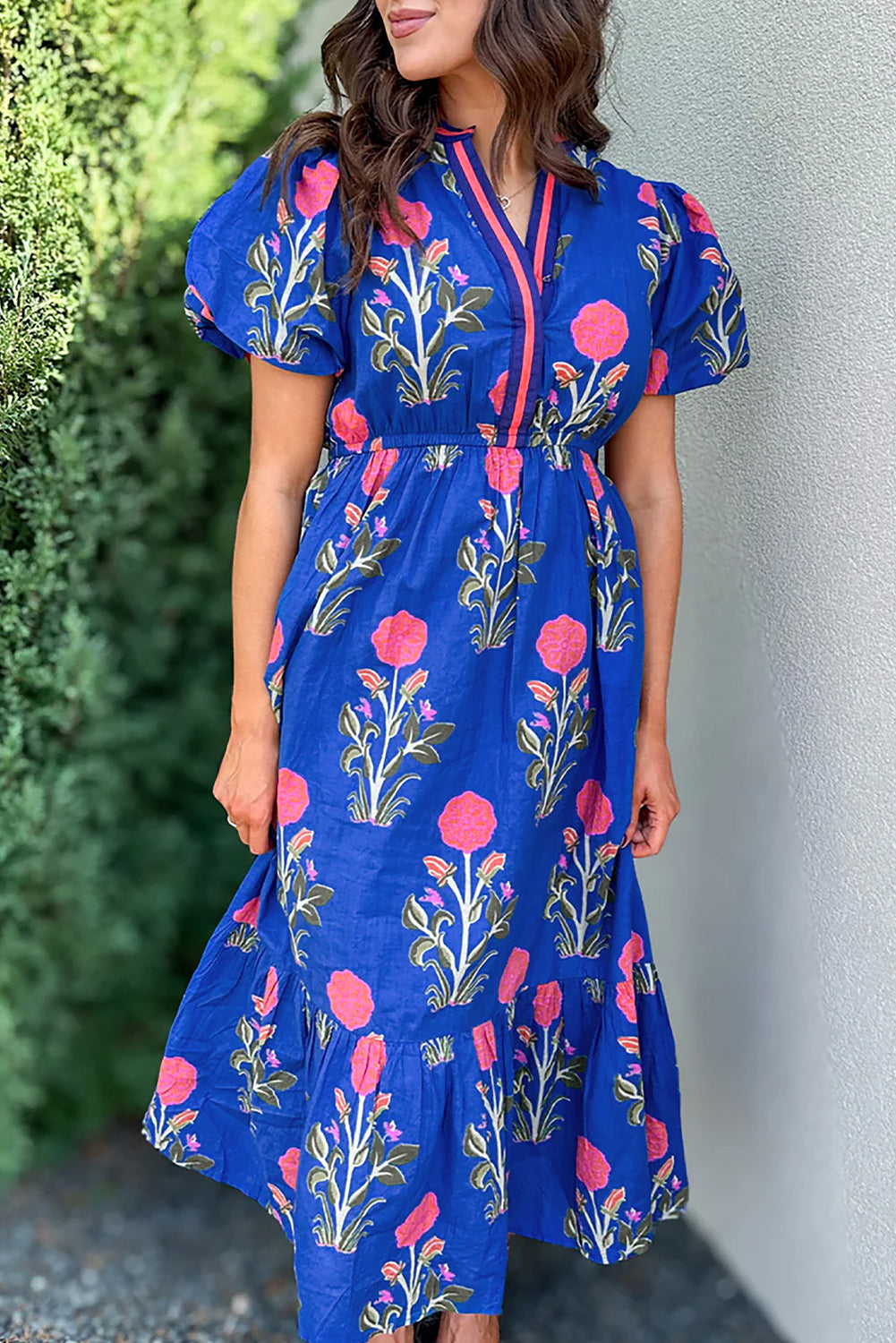 Sky Blue Floral Puff Short Sleeve V Neck High Waist Maxi Dress  HannaBanna  Clothing
