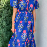 Sky Blue Floral Puff Short Sleeve V Neck High Waist Maxi Dress