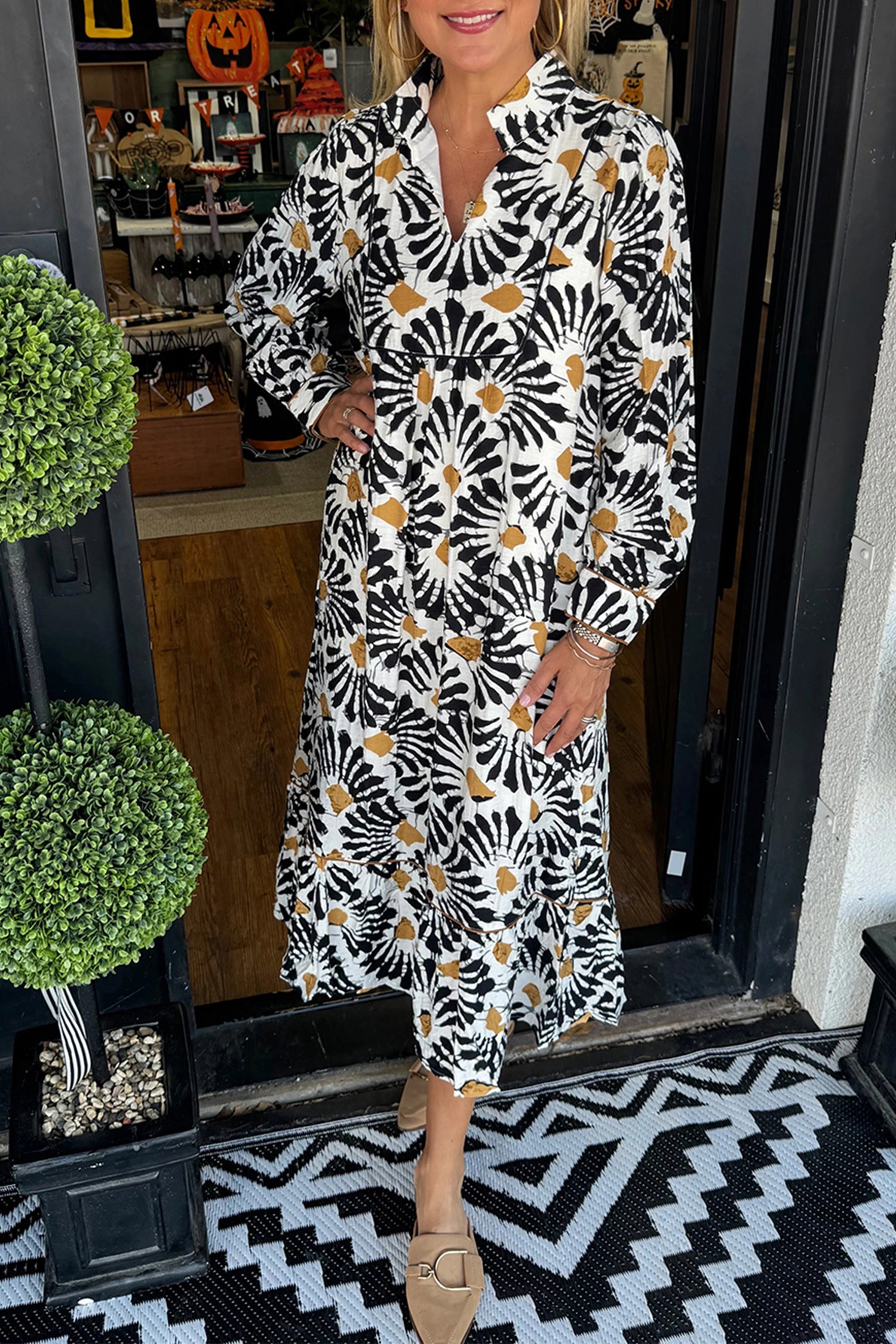 Black Abstract Floral Print Split V Neck Long Dress with Sleeves –  HannaBanna Clothing