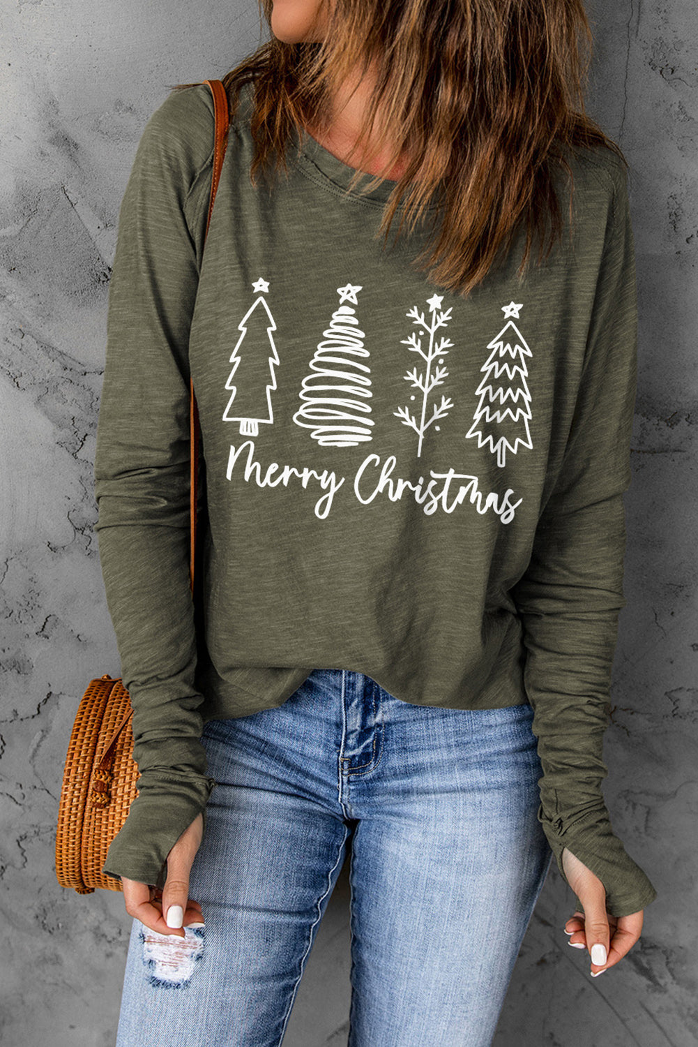 T-shirt graphique vert à manches trouées et motif sapins de Noël joyeux
