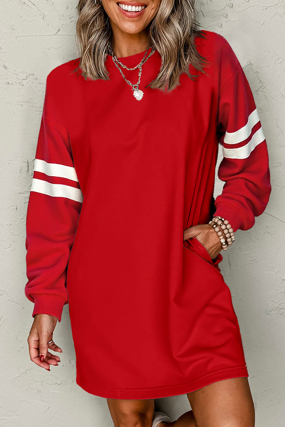 Fiery Red Varsity Contrast Banded Sleeve Shift Sweatshirt Dress Fiery Red / XL / 65%Polyester+35%Cotton