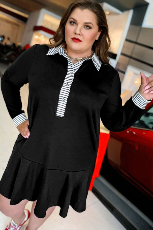 Black Plus Size Striped Cuffs Polo Collar Patchwork Long Sleeve Ruffle Hem Dress