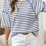 Blue Stripe Textured Knit Split Hem Half Sleeve Loose Top