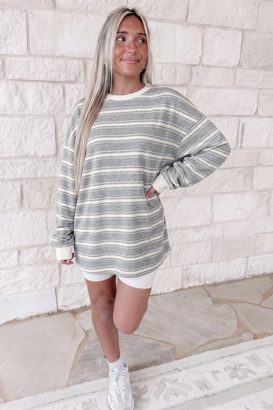 Gray Stripe Long Sleeve Round Neck Tunic Top