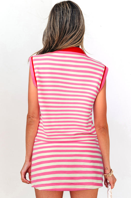 Sachet Pink Textured Stripe Print Contrast Trim Zip Collar Sleeveless 2pcs Skort Set