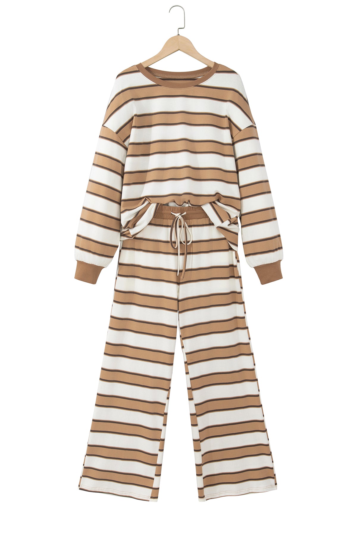 Khaki Stripe Contrast Trim Patchwork Casual Two-Piece Pants Set