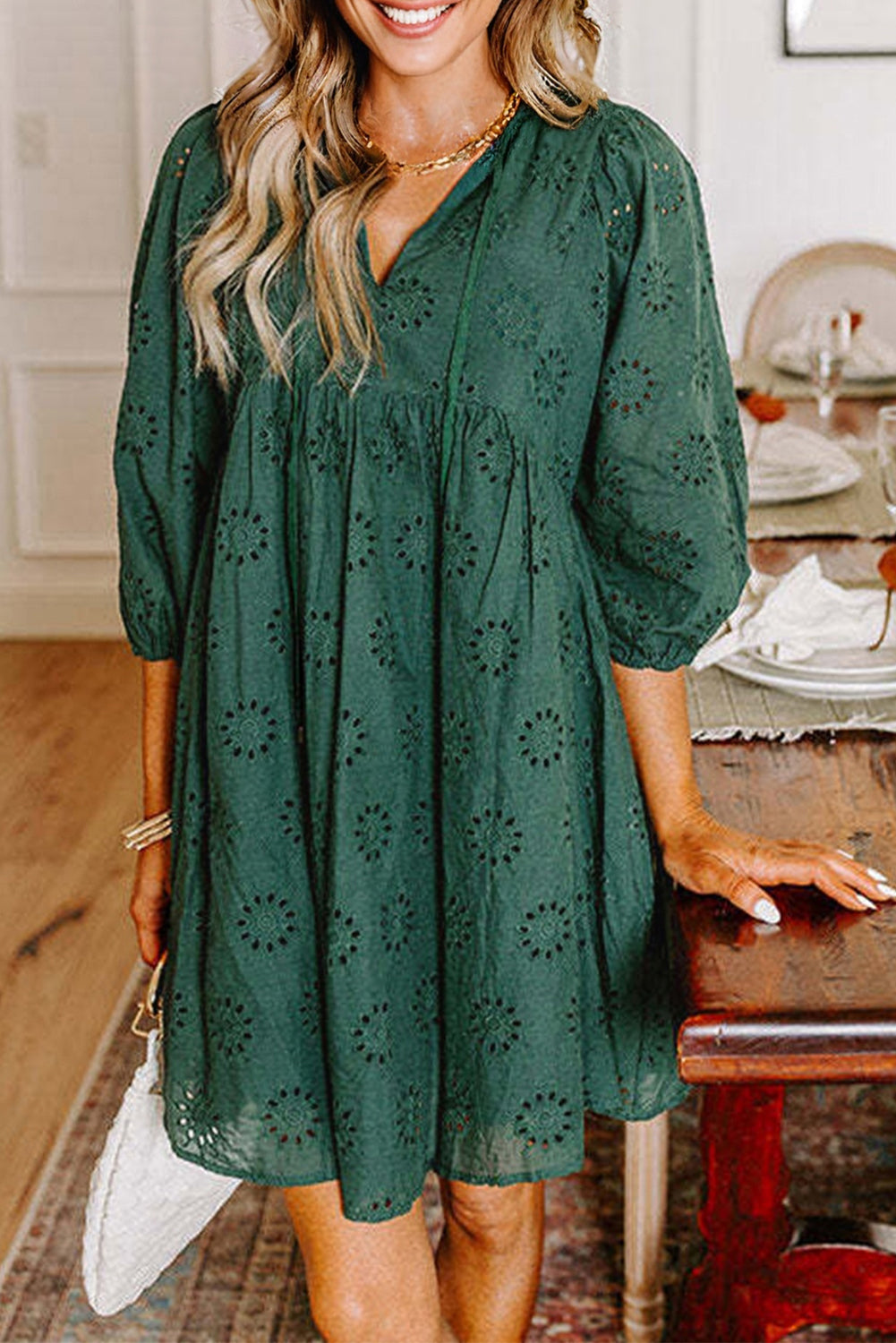 Blackish Green Embroidered Eyelet Pattern 3/4 Puffy Sleeve Swing Mini
