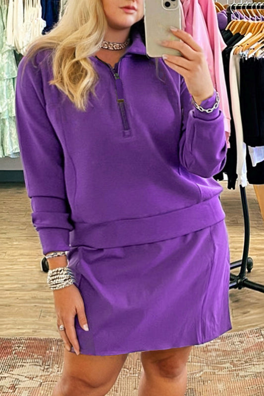 Wisteria Collar Half Zip Pullover Mini Skirt Plus Size 2pcs Set
