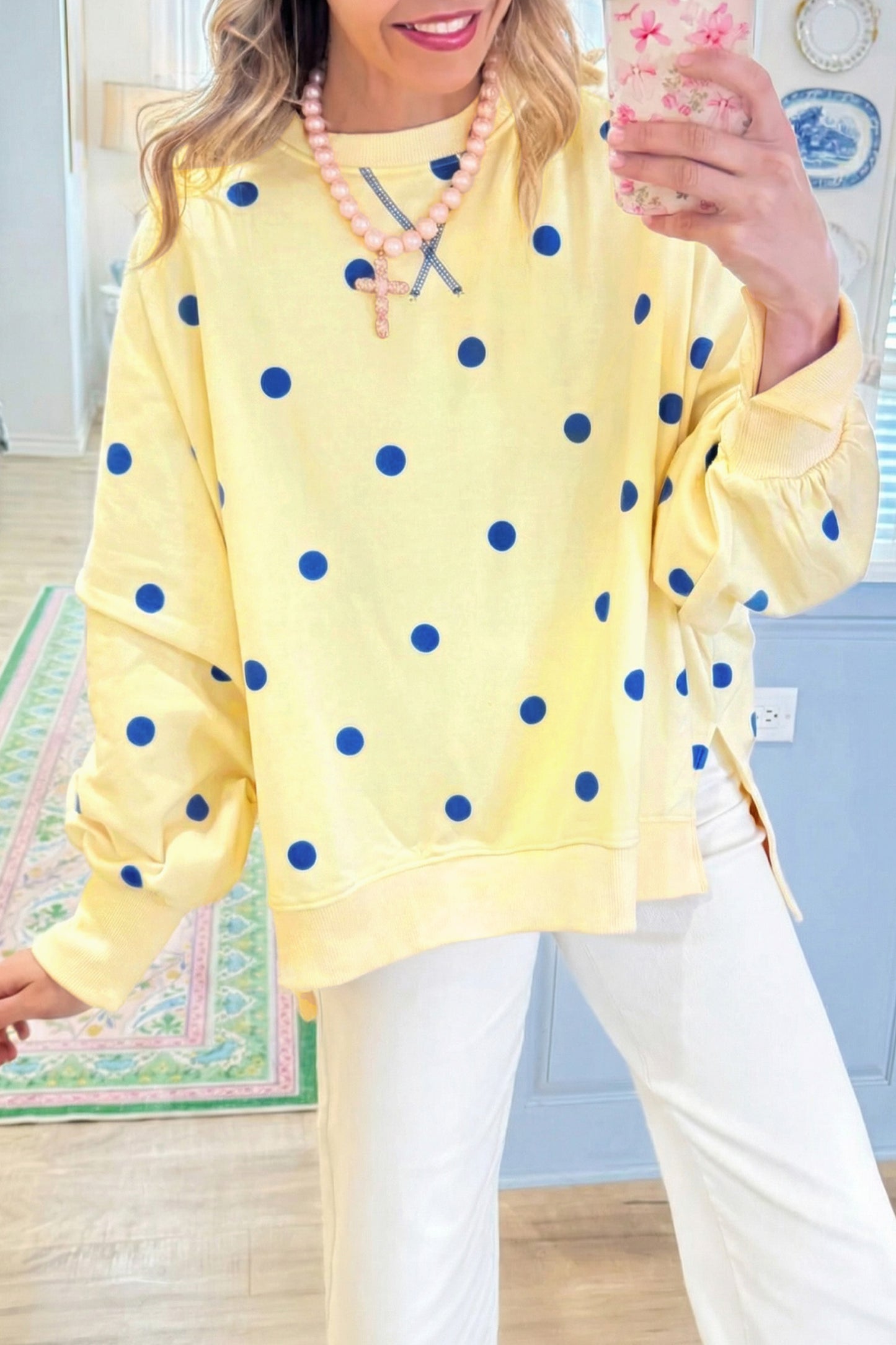 Beige Loose-fit Long Sleeve Round Neck Polka Dot Tunic Sweatshirt