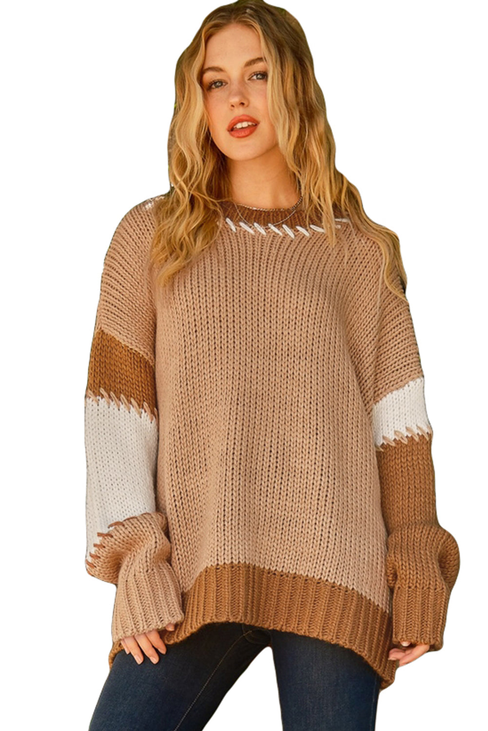 Pull oversize à blocs de couleurs beige clair français et coutures contrastées