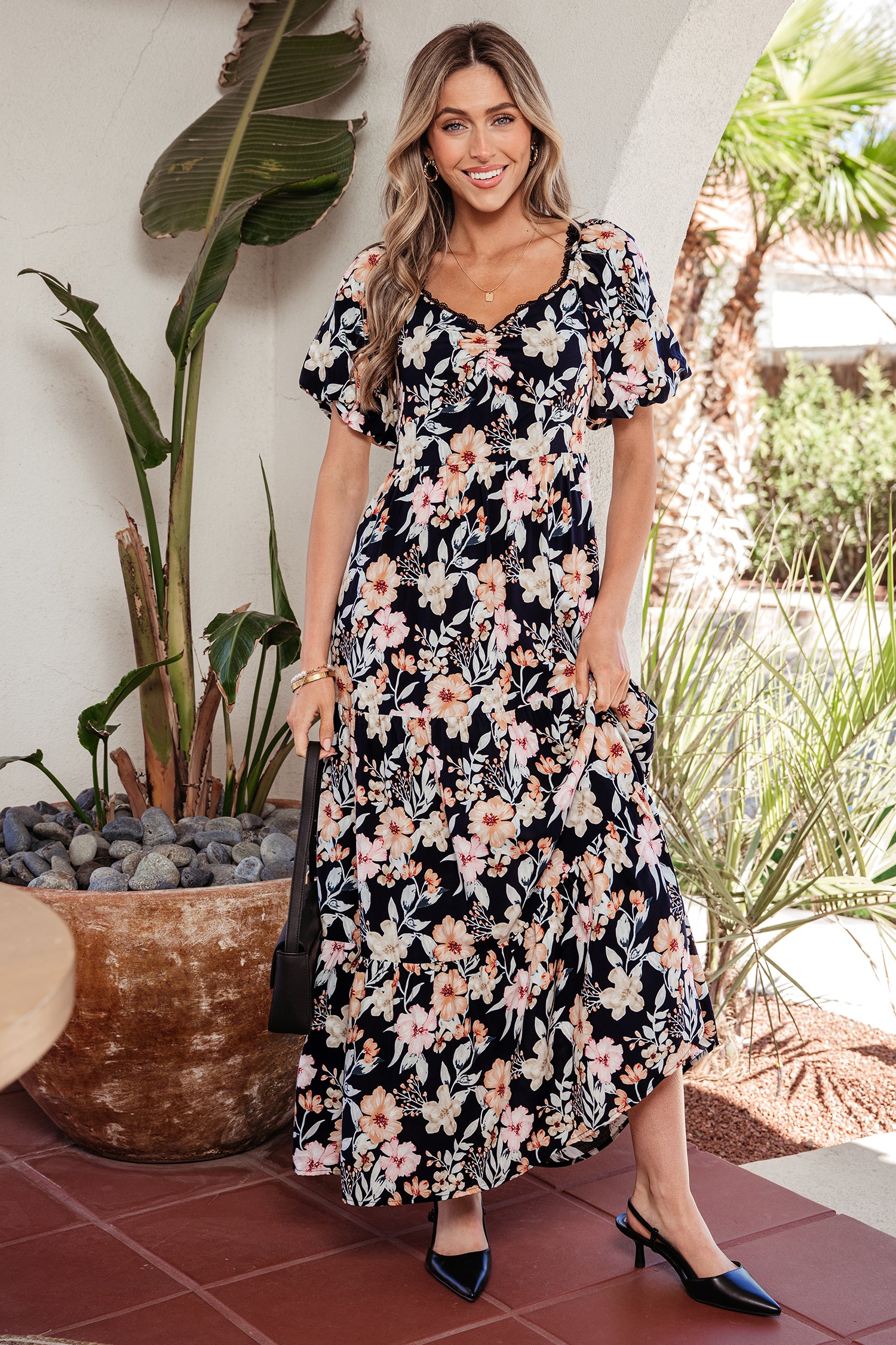 smocked maxi dress short sleeve Blue Detail High Waist Floral Knee Length Navy Blue 1032 making it as comfortable Style:EE50159BD