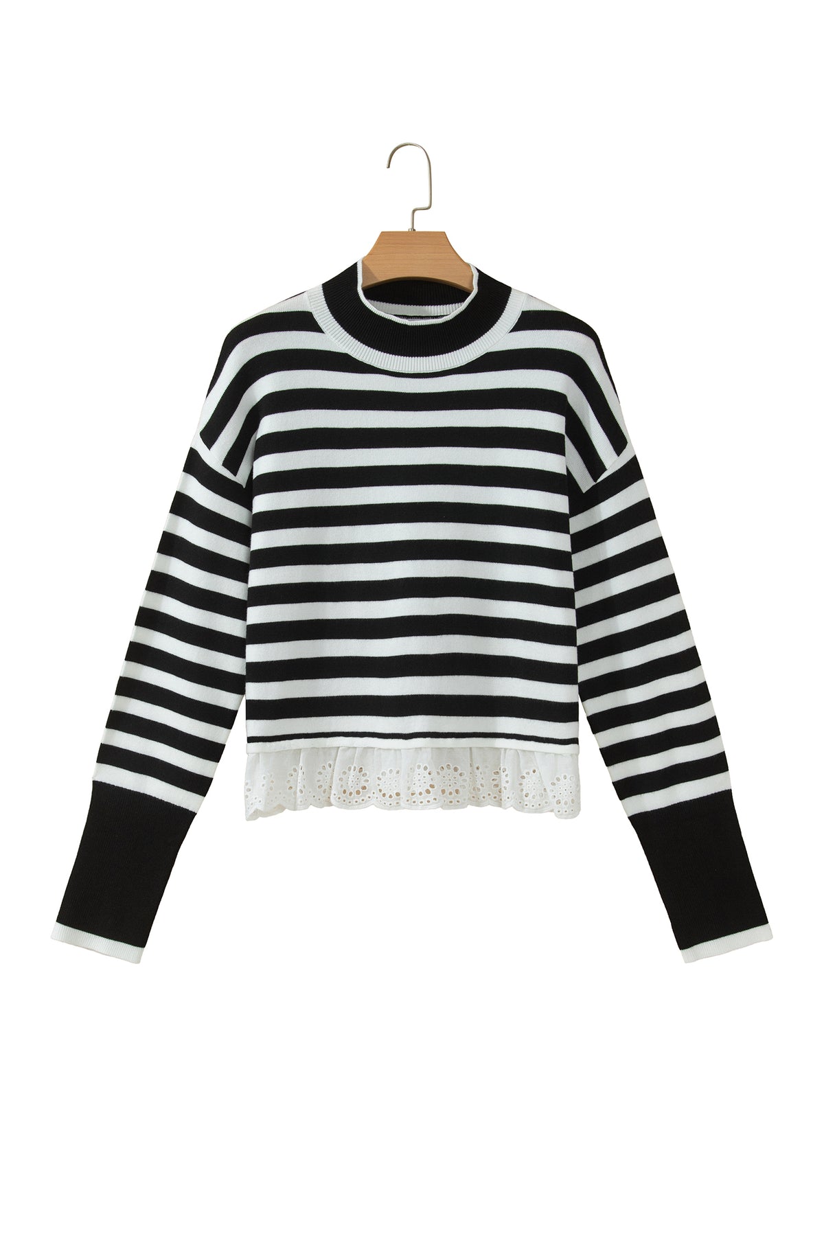 Black Striped High Neck Contrast Ruffle Detail Casual Sweater