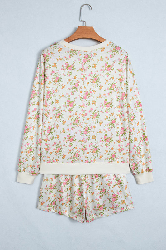Beige Floral Print Long Sleeve Shift Top Pocketed Shorts 2pcs Set
