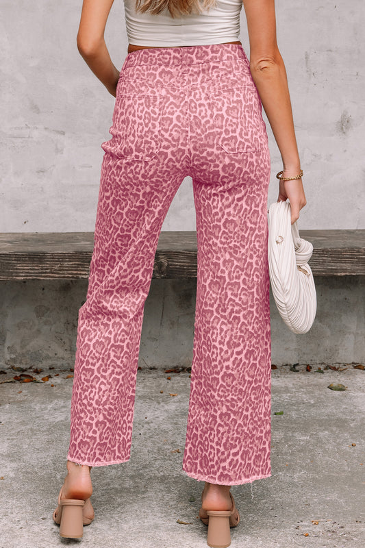 Rose Leopard Frayed Edge Wide Leg High Waist Jeans