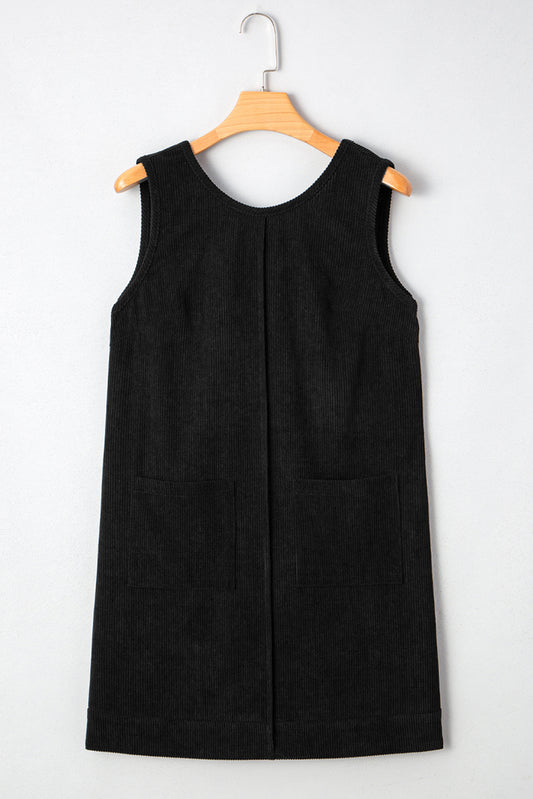 Black Plus Size Corduroy Patch Pocket Sleeveless Mini Dress