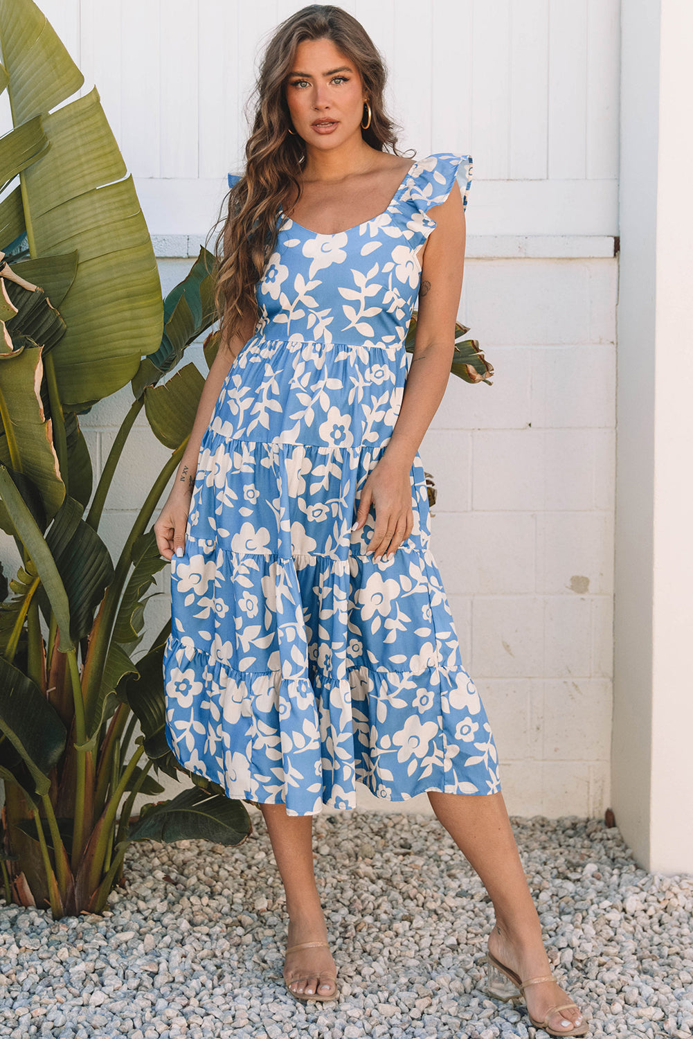 Sky Blue Floral U Neck Flutter Shoulder Tiered Flowy Midi Dress Sky Blue / M / 100%Polyester