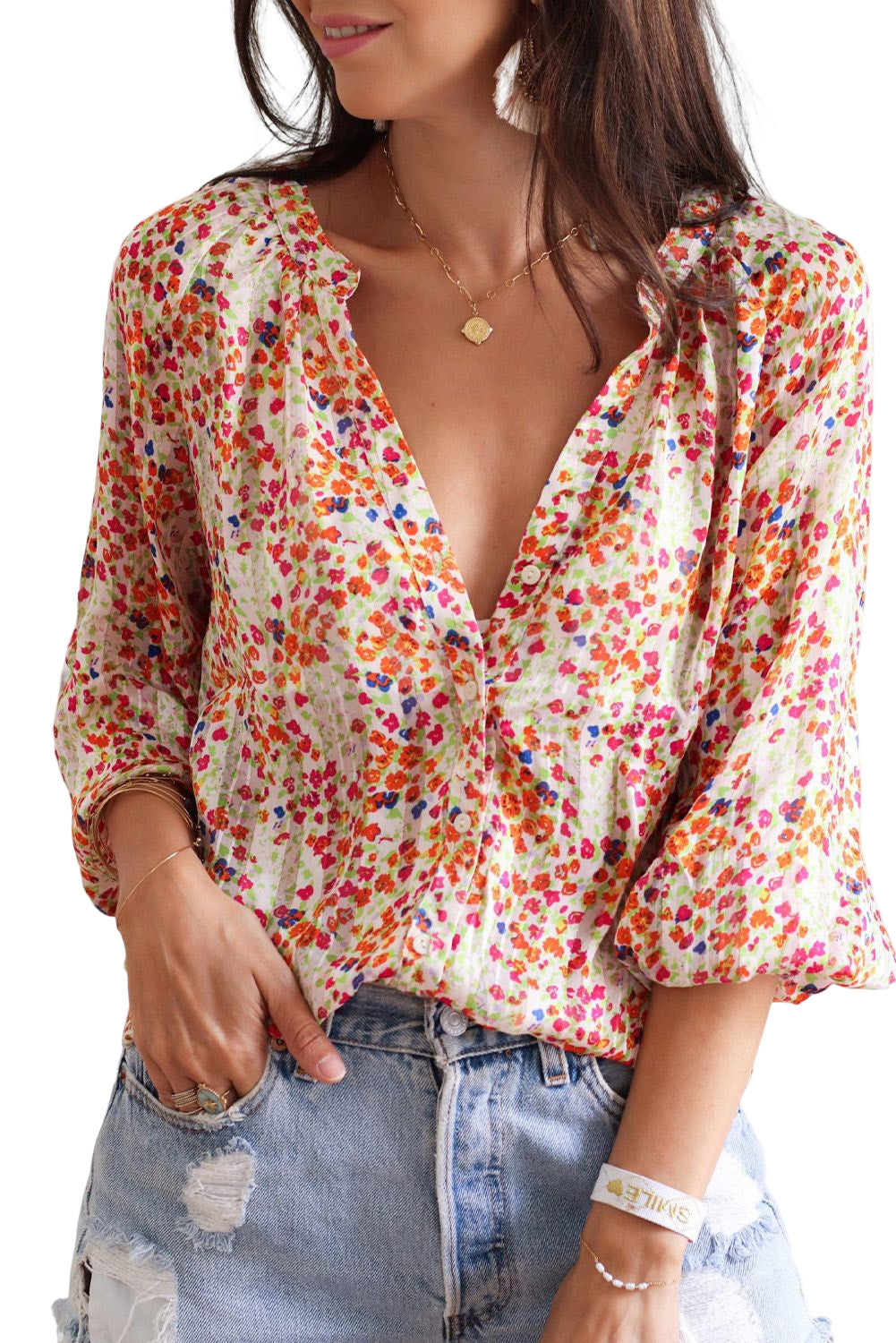 Chemise boutonnée à imprimé floral bohème multicolore