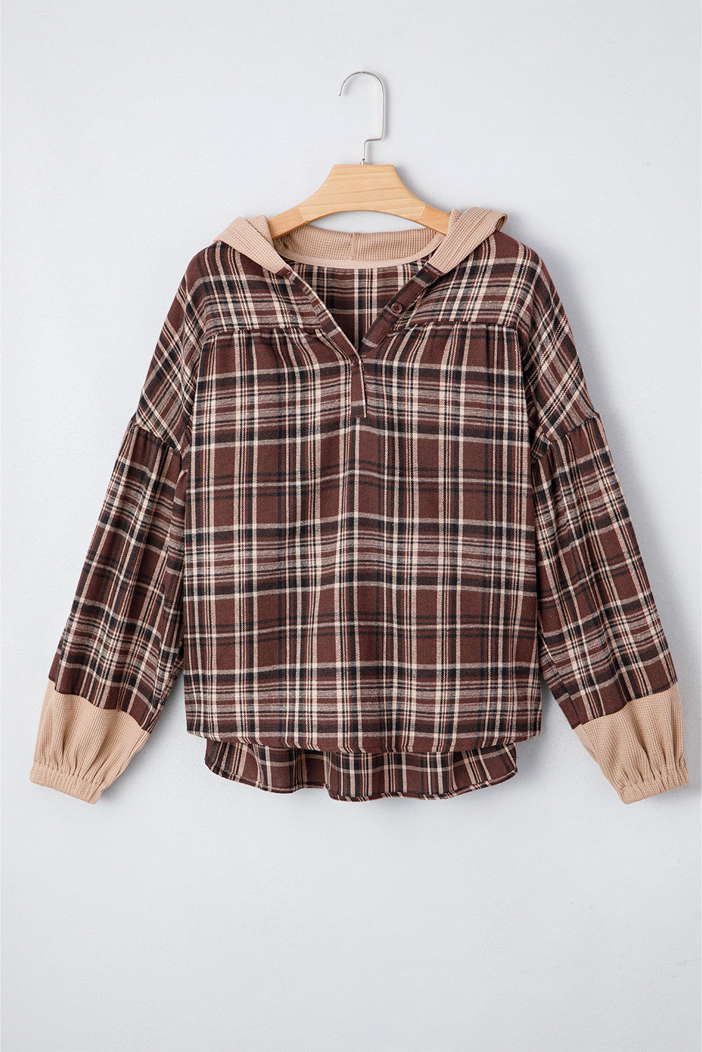 Brown Plaid Patchwork Long Sleeve Button Hooded Blouse