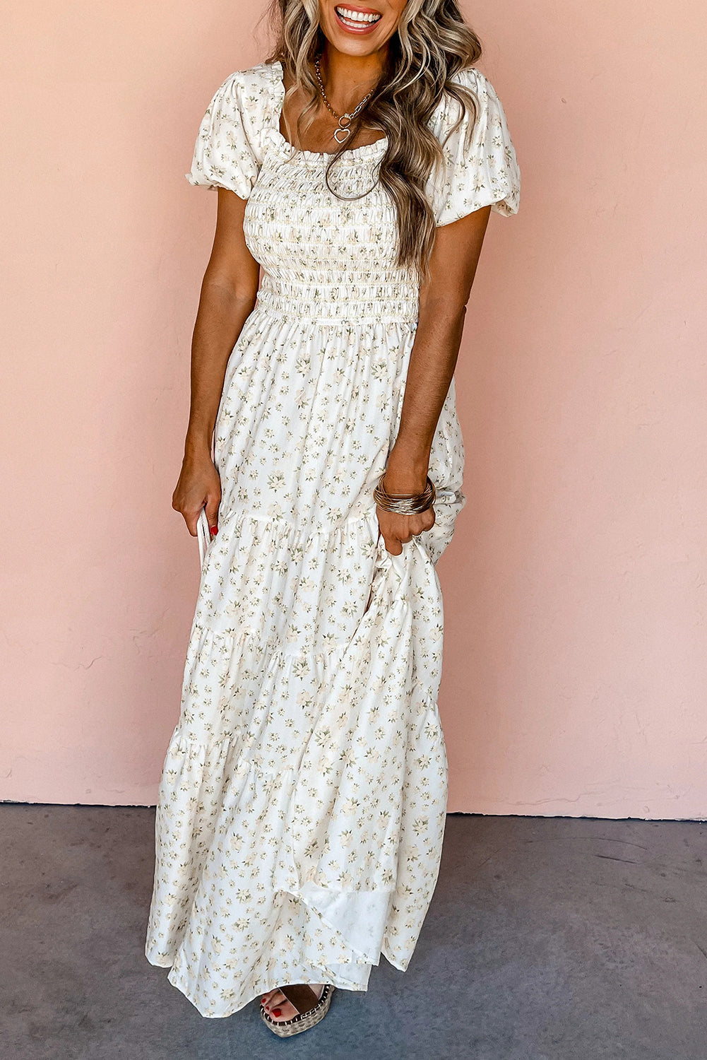 White Frilly Shirred Bodice Tiered Floral Maxi Dress White Frilly Shirred Bodice Tiered Floral Maxi Dress
