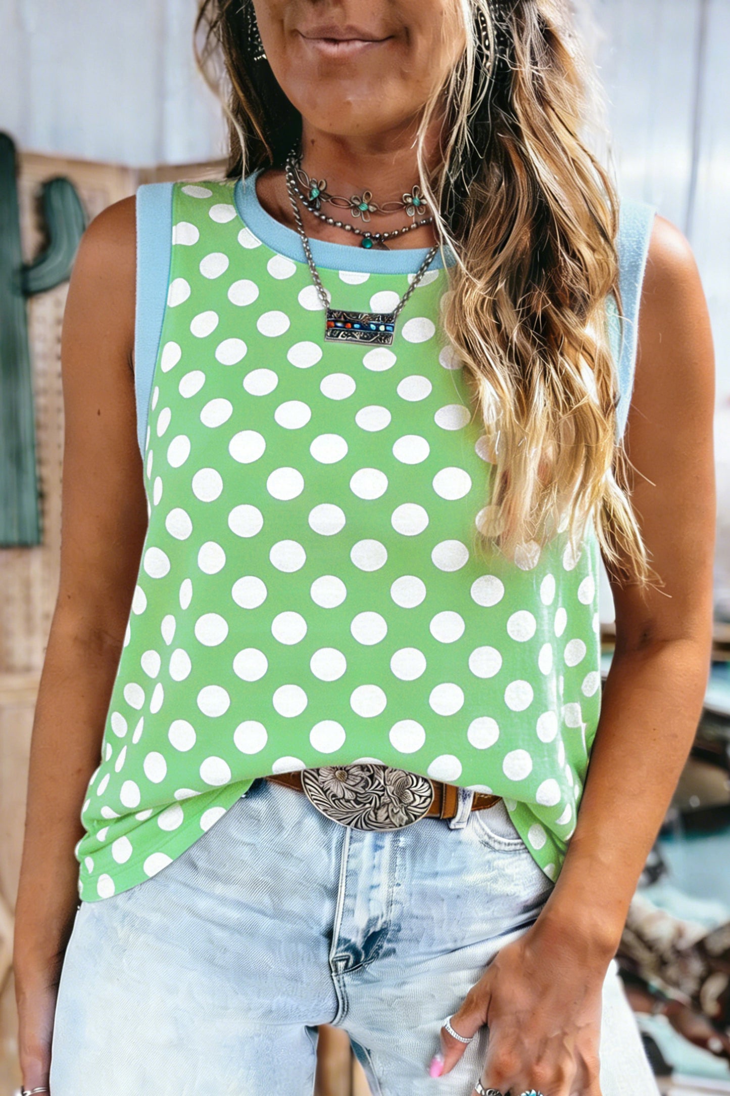 Green Polka Dot Contrast Trim Round Neck Loose Tank Top