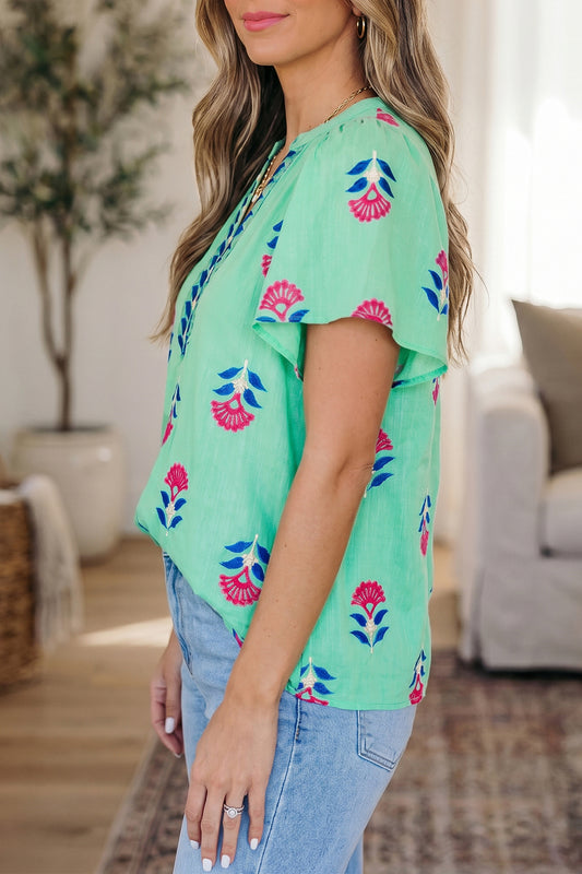 Green Floral V Neck Flutter Sleeve Blouse