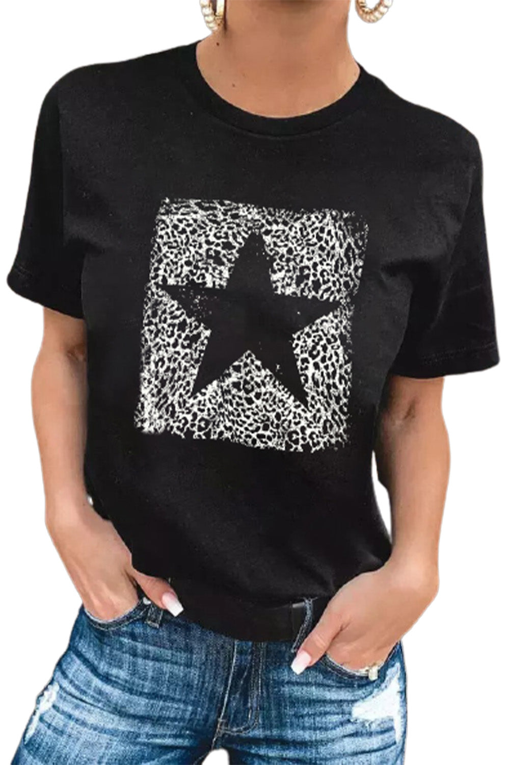 Star Leopard Print O Neck Short Sleeve Graphic Tee