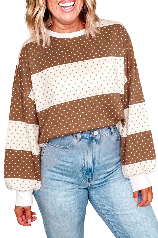 Brown Polka Dot Color Block Drop Shoulder Plus Size Long Sleeve Top