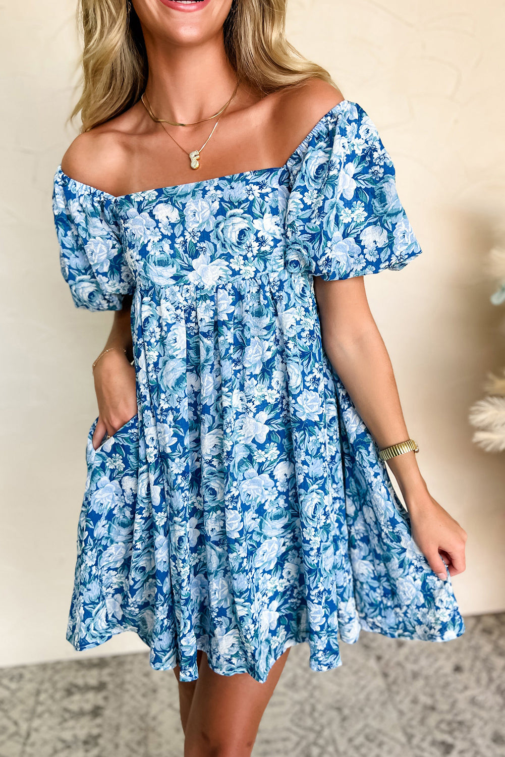 Blue Floral Puff Sleeve Babydoll Mini Dress Blue / XL / 100%Polyester