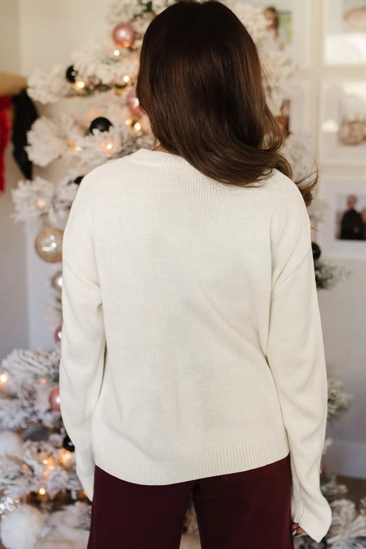 White Sequined Bow Graphic Christmas Holiday Sweater
