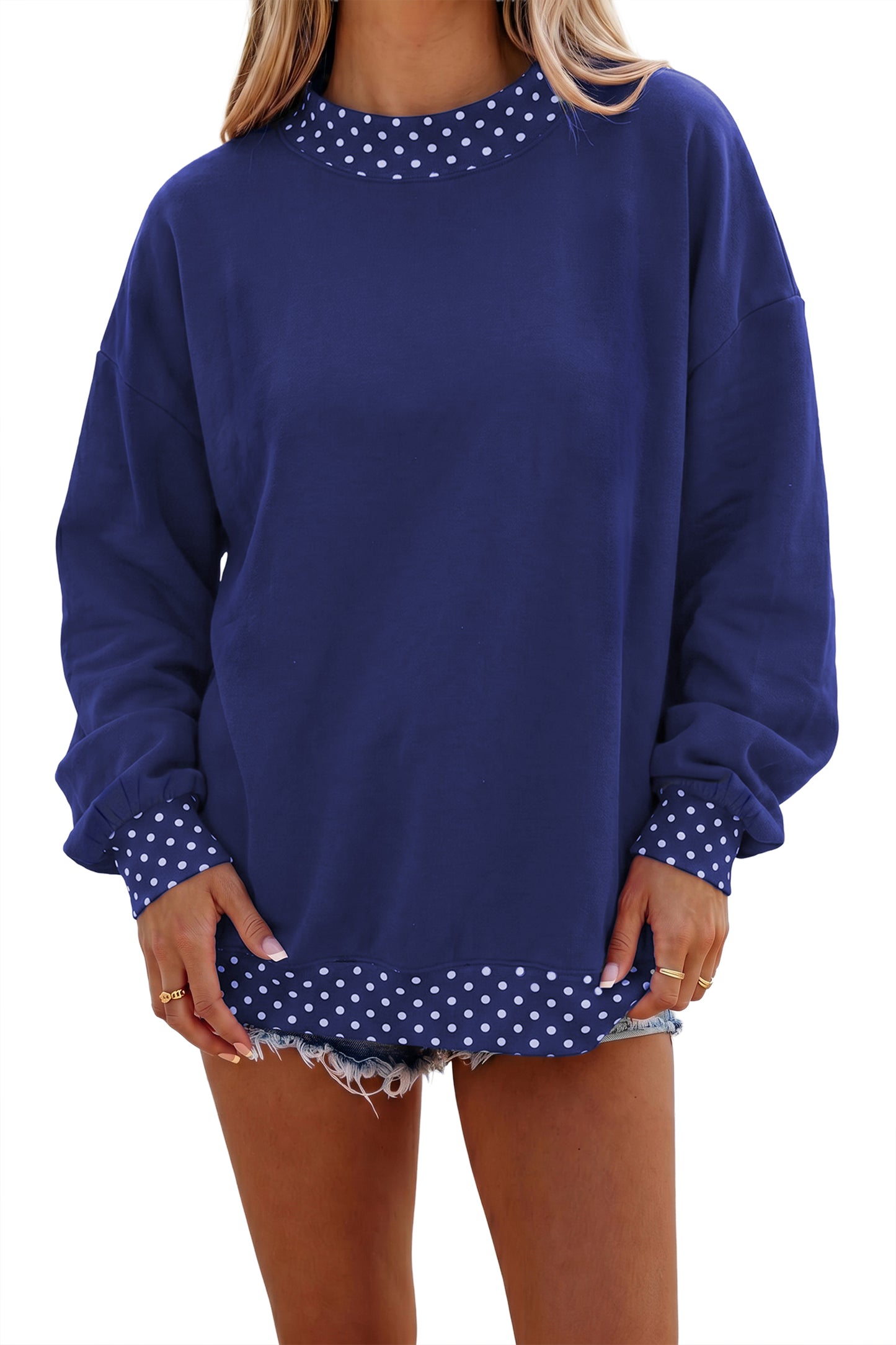 Dark Blue Colorblock Polka Dot Contrast Trim Oversized Sweatshirt