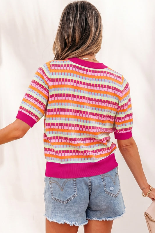 Rose Red Abstract Striped Knit Short Sleeve Sweater