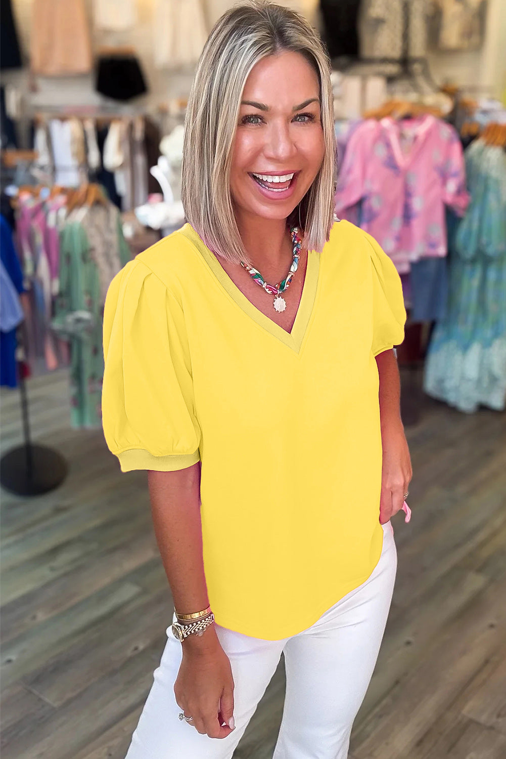 Turquoise Solid Color V Neck Short Puff Sleeve Blouse
