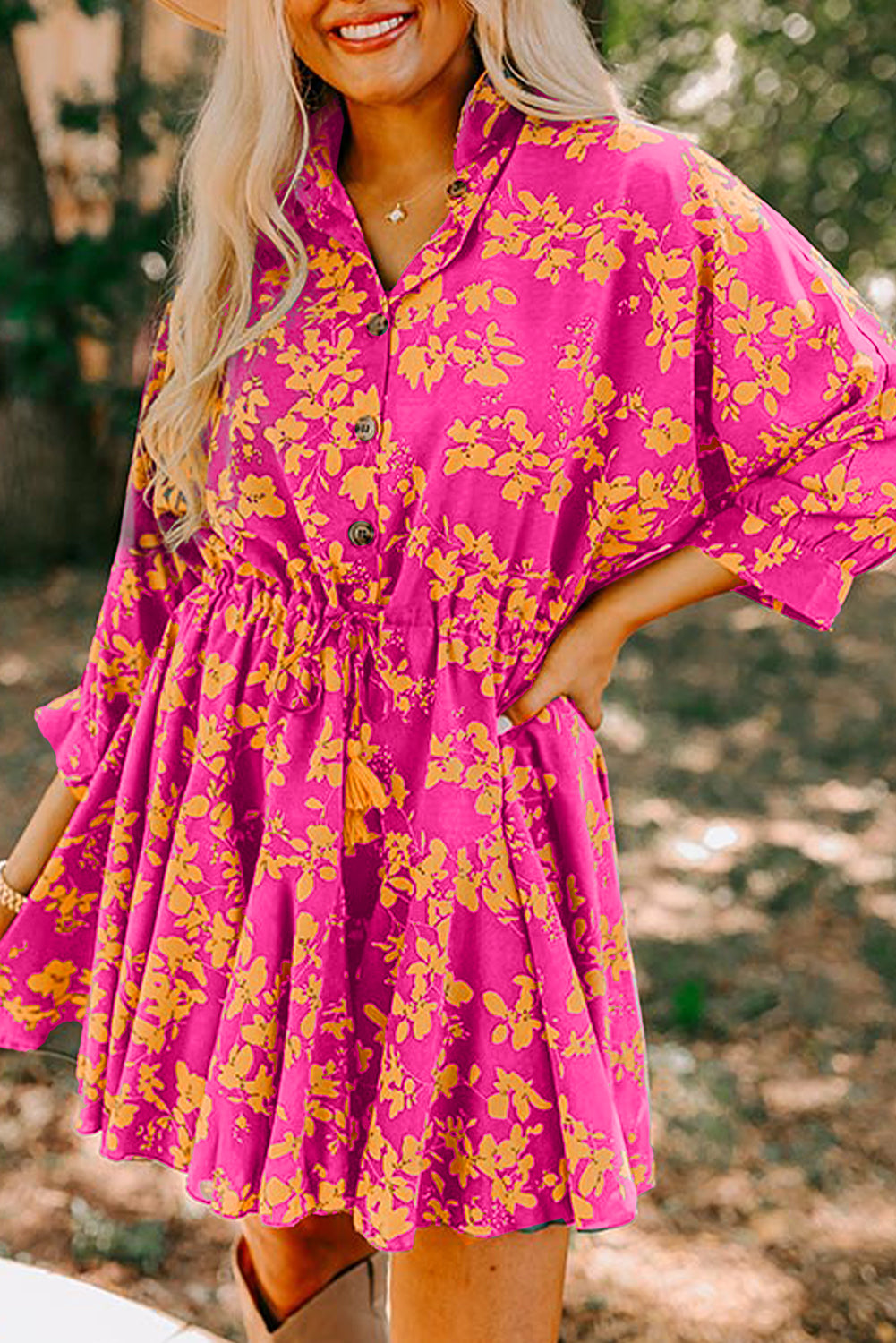 Pink Floral Print Drawstring Tunic Flowy Short Dress Pink / M / 100%Polyester Pink Floral Print Drawstring Tunic Flowy Short Dress Pink / M / 100%Polyester