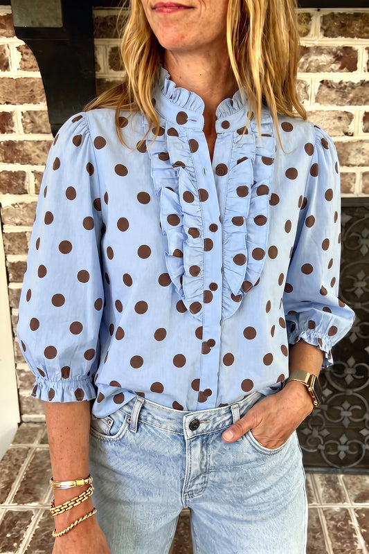 Sky Blue Polka Dot Striped Print Ruffle Stand Neck 3/4 Sleeve Shift Shirt
