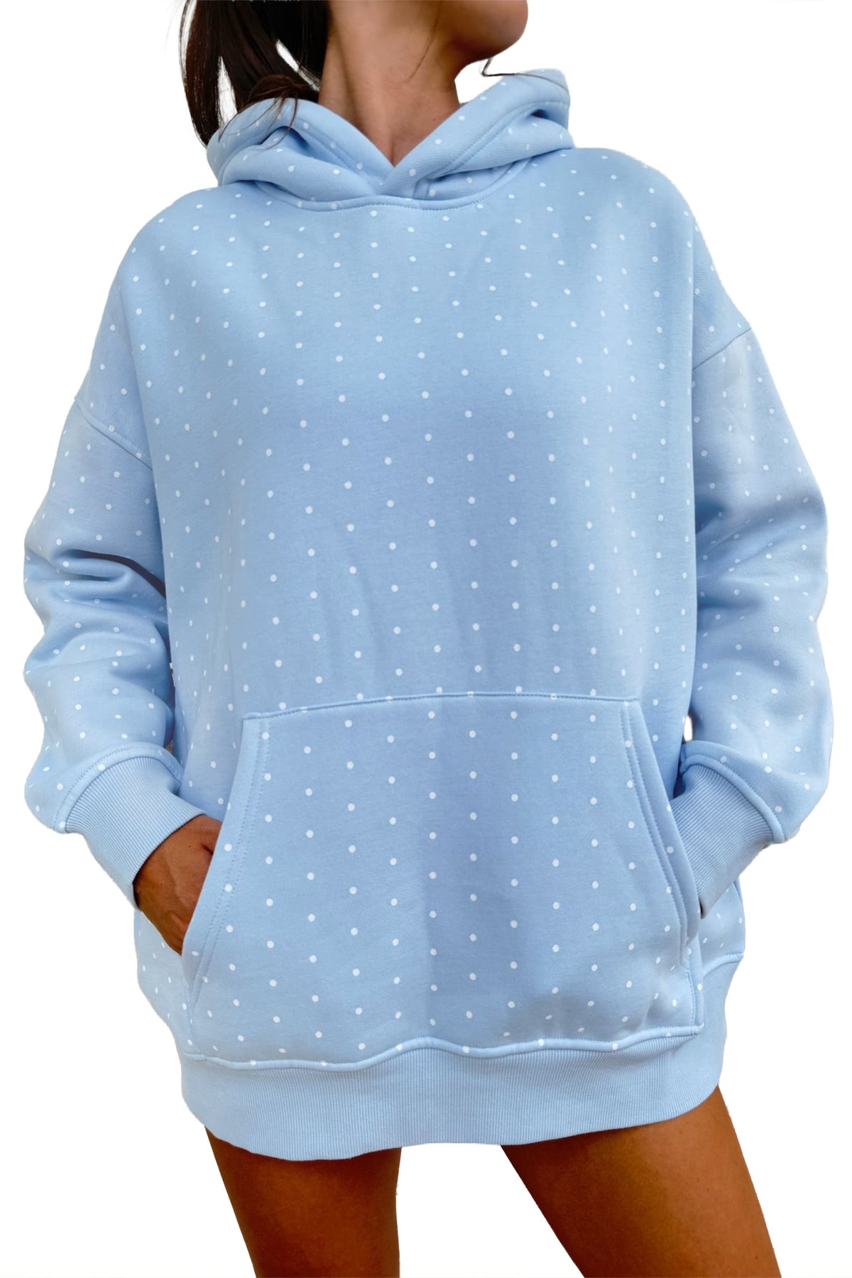 Sky Blue Polka Dot Printed Oversized Hoodie Casual Shorts 2pcs Set