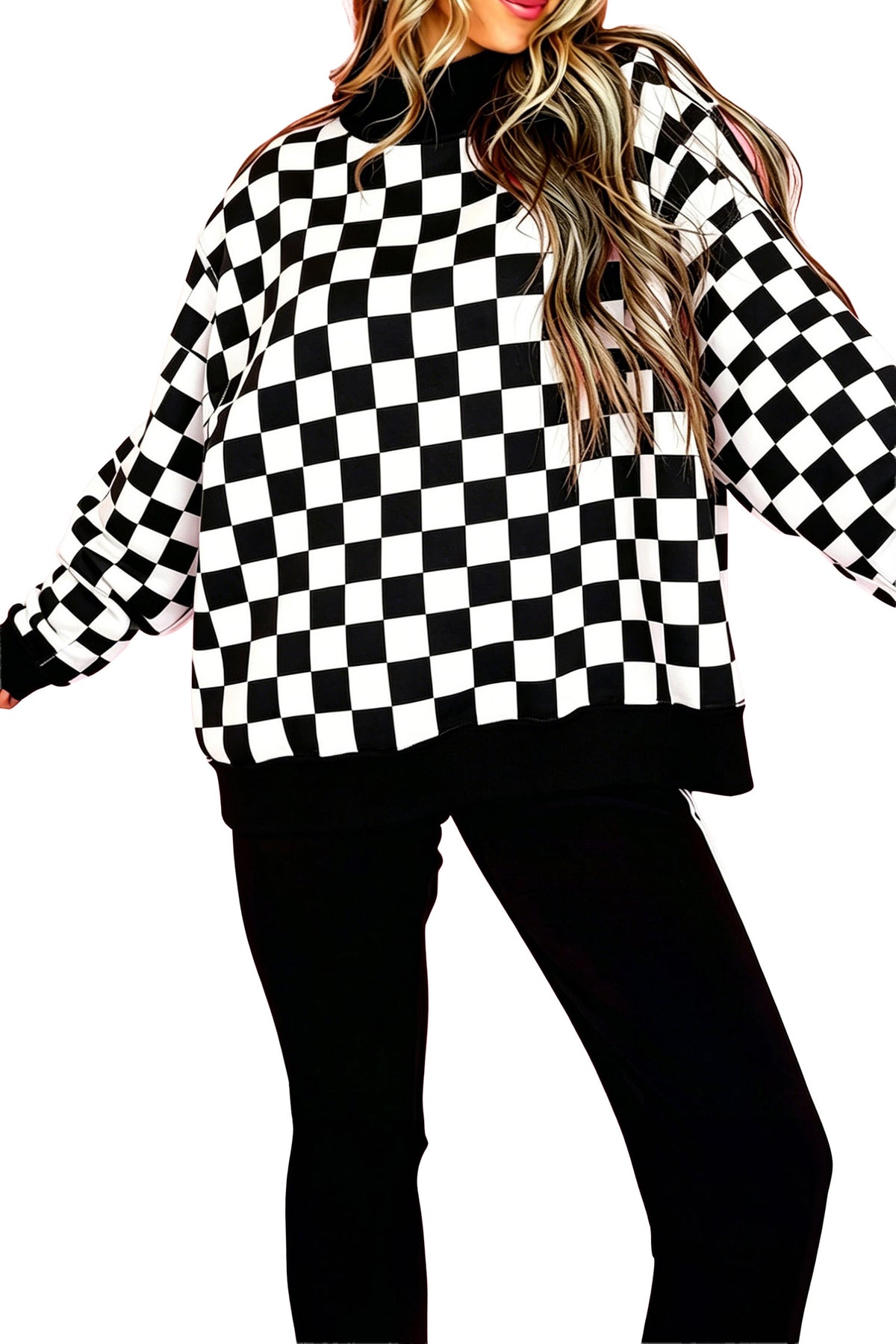 Black Checkered Print High Neck Baggy Sweatshirt
