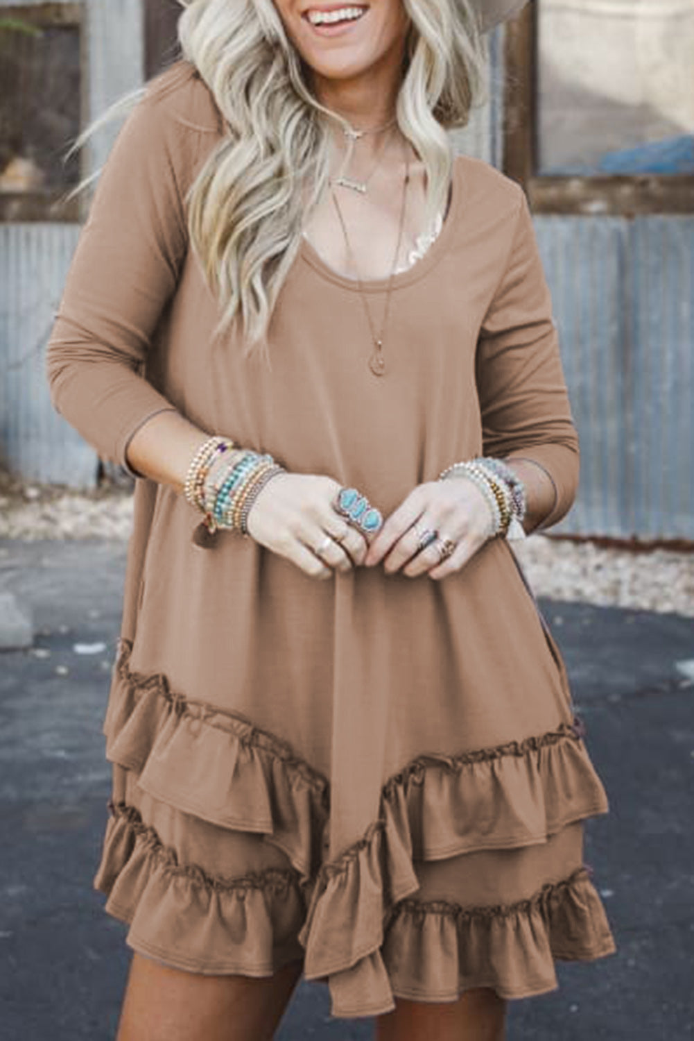 Goat Scoop Neck Tiered Ruffled Hem Long Sleeve Mini Dress HannaBanna Clothing Goat Scoop Neck Tiered Ruffled Hem Long Sleeve Mini Dress HannaBanna Clothing