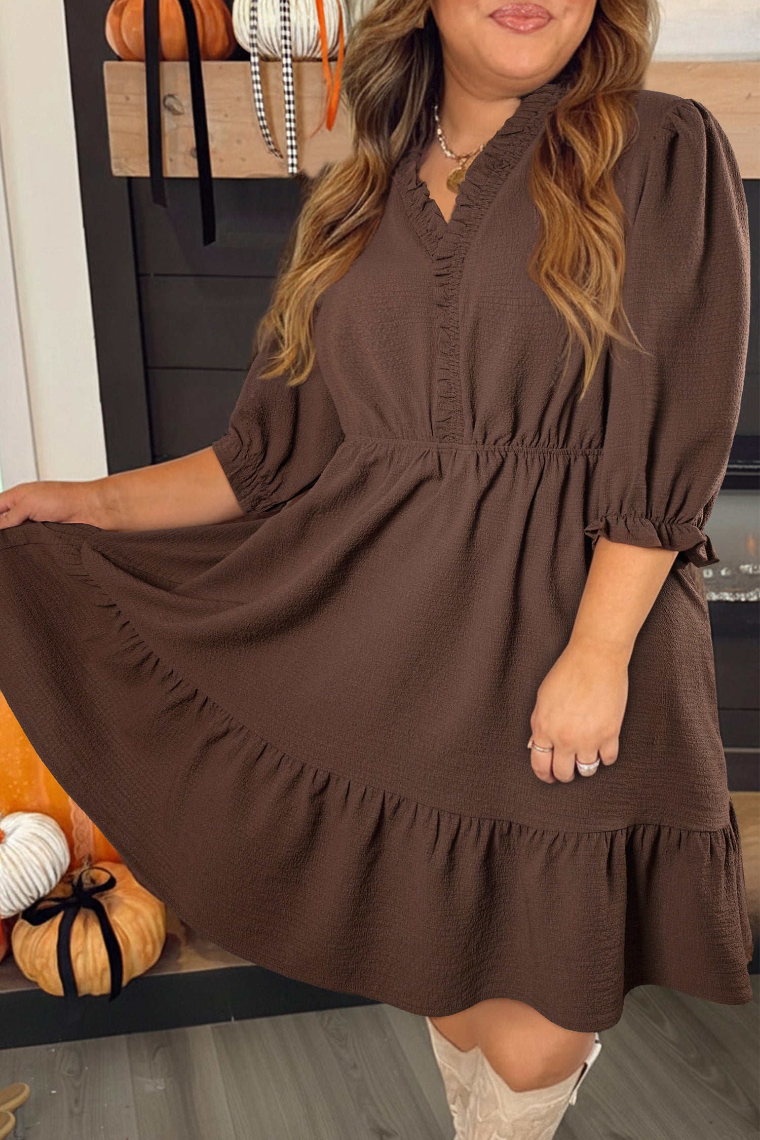 puff sleeve mini dress plus size Coffee Plus Size Frilled Trim V Neck Puff Sleeve Textured Mini Dress