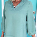 Moonlight Jade Frilled V Neckline Bracelet Sleeve Crinkled Blouse