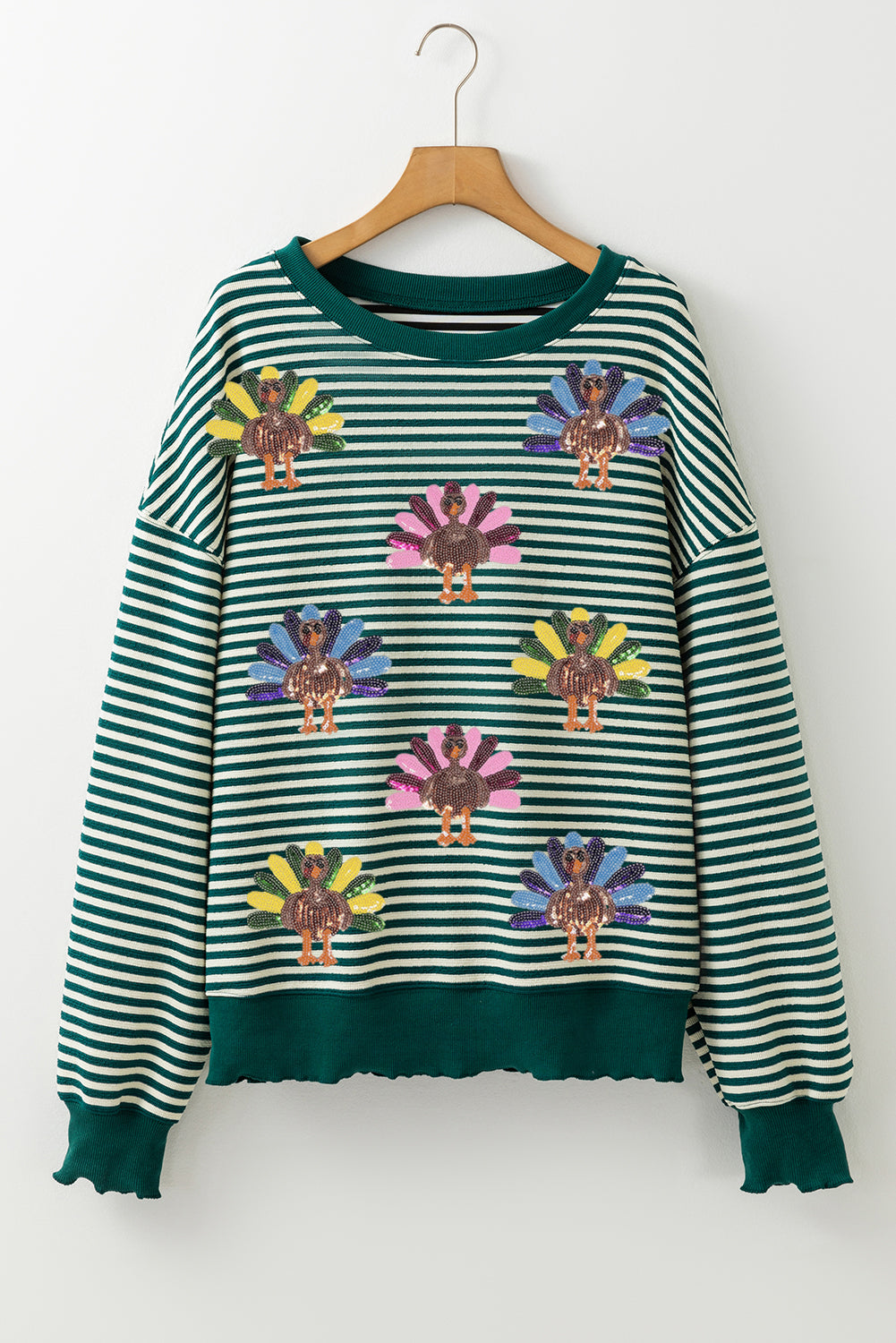 Green Stripe Sequined Turkey Pattern Drop Shoulder Pullover Top