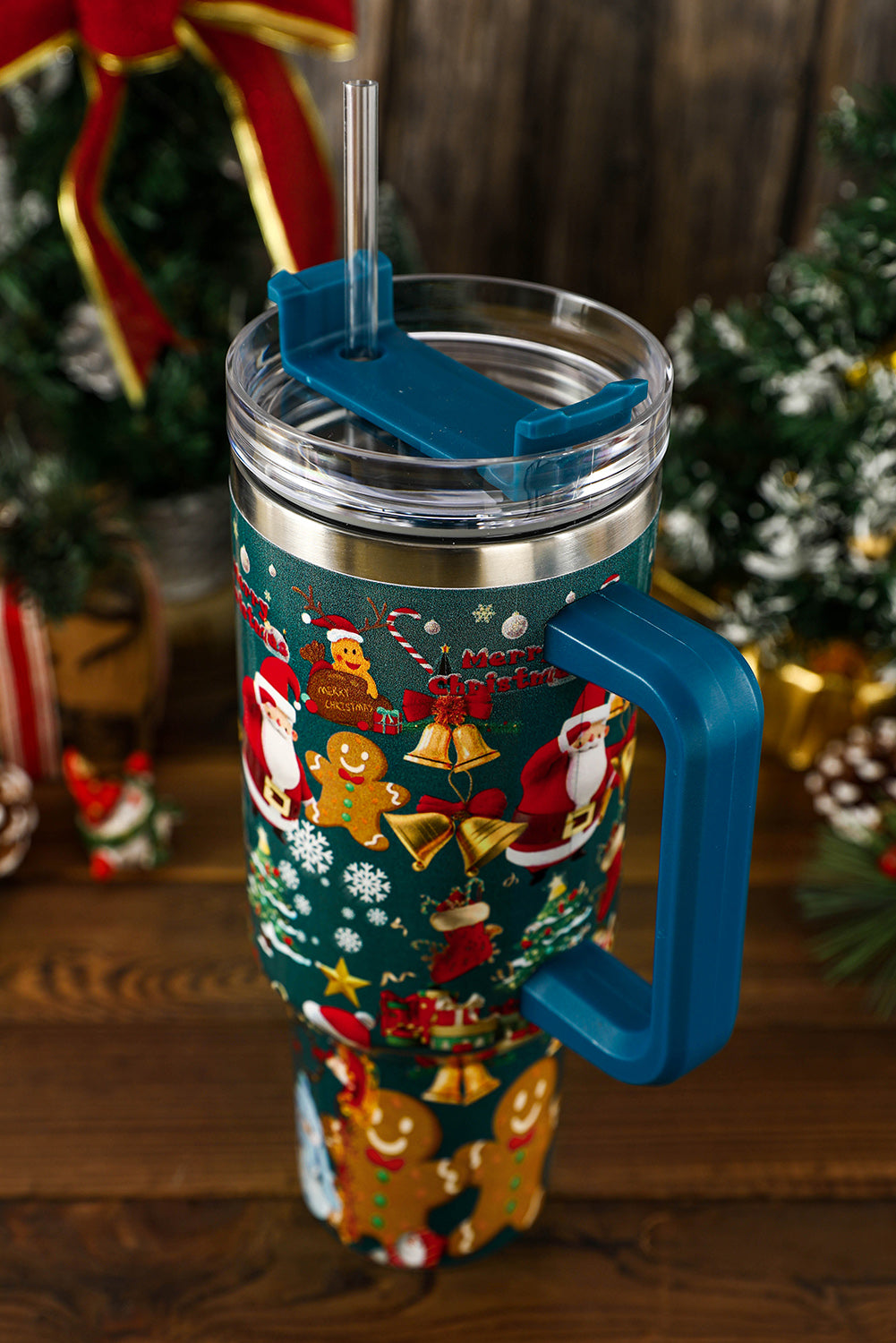 Vasos de acero inoxidable con asa y estampado navideño azul islandés