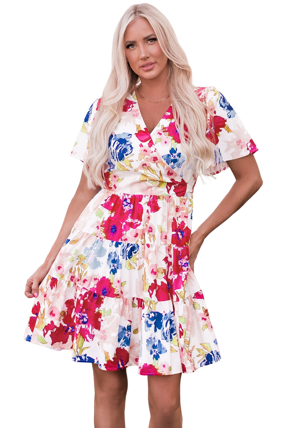 Robe patineuse à col en V et imprimé floral multicolore