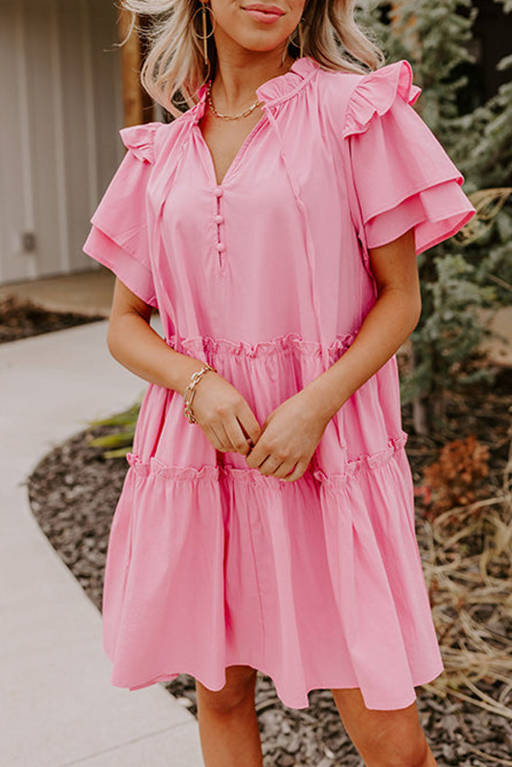 V Neck Layered Ruffled Sleeves Mini Dress Pink / M / 100%Polyester