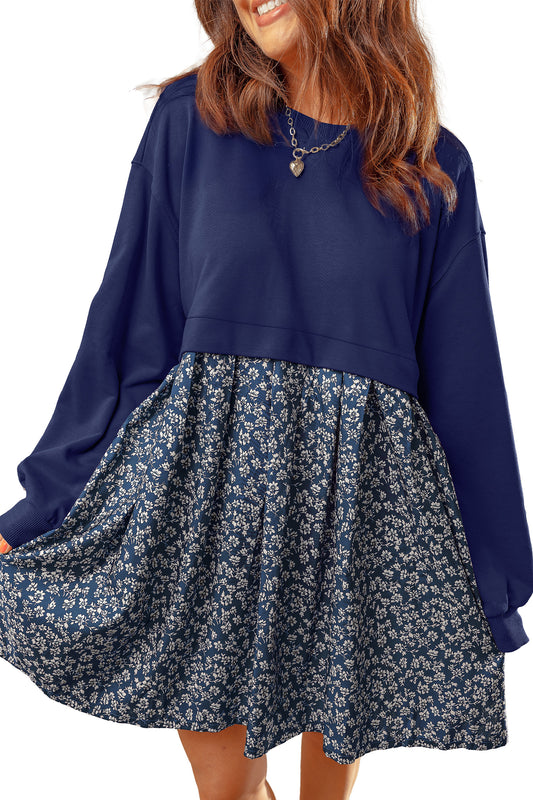 Dark Blue Solid Long Sleeve Patchwork Floral/Camo/Mallard Flared 2-in-1 Mini Dress